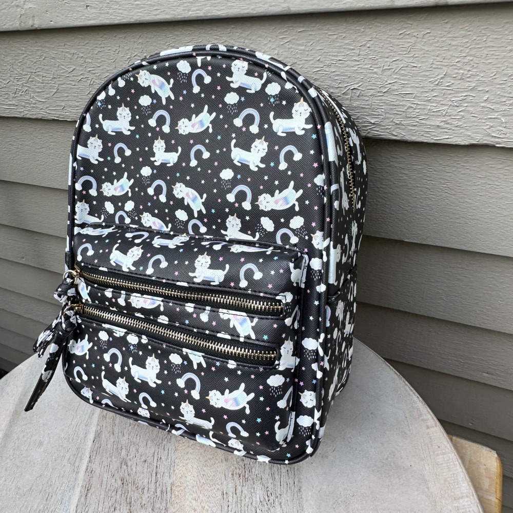 Under One Sky Caticorn Rainbow Mini Backpack Black Faux Leather Kawaii Bag - Picture 9 of 11